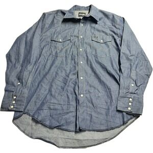 Wrangler‎ Denim Pearl Snap Shirt Mens 2XL Blue Western Cowboy Ranch Pockets